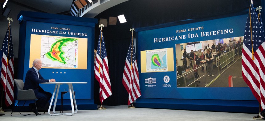 President Biden is virtually briefed by Federal Emergency Management Agency officials on preparations for Hurricane Ida in August 2021. 