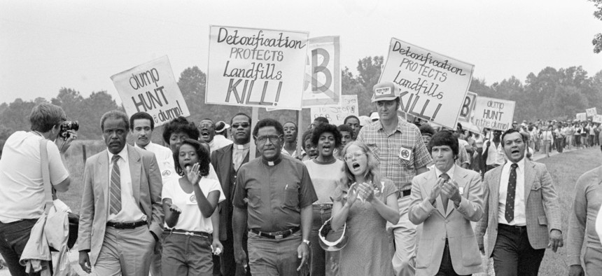 In October 1982, protestors marched in Afton, N.C., against a dump for toxic waste. Many in the rural community contended that Warren County, N.C., was chosen as the site because most of its citizens were black and poor. 