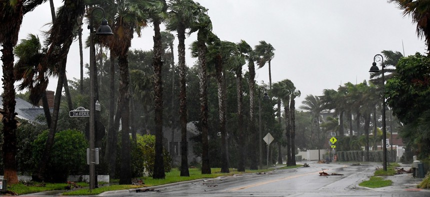 The street is empty in a neighborhood of St. Pete Beach as the winds from Hurricane Ian arrive on Wednesday. 