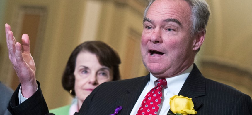 Sens. Tim Kaine, D-Va., right, and Dianne Feinstein, D-Calif., have formally filed an amendment to the annual must-pass defense policy bill that would incorporate the text of the Preventing a Patronage System Act into the legislation.