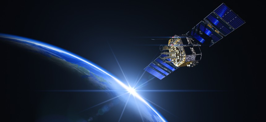 A 3-D rendering of a satellite in space
