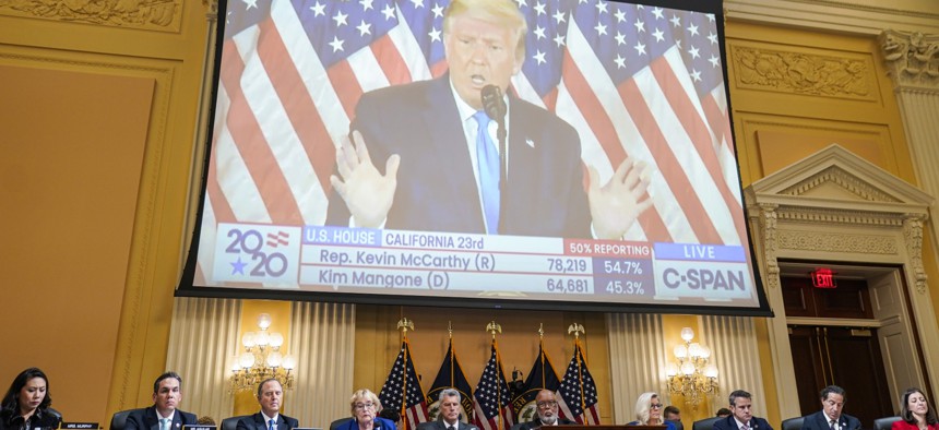 A video of former President Donald Trump is played during a hearing by the House Select Committee to Investigate the January 6th Attack on the U.S. Capitol in the Cannon House Office Building on Oct. 13.