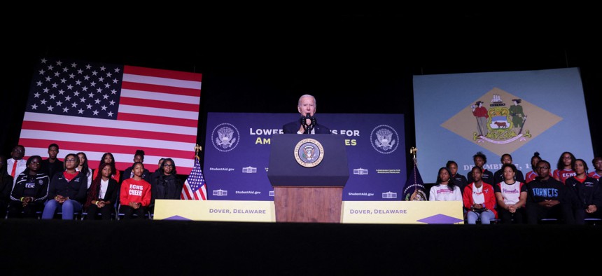 Joe Biden speaks about student debt relief at Delaware State University in Dover, Delaware, on October 21.