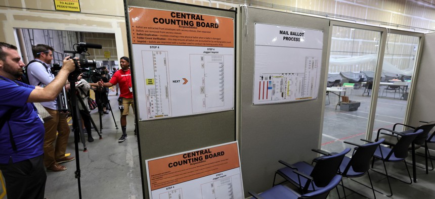  The central counting board, where ballots are extracted and inspected, is shown during a media tour of the Clark County Election Department's main building on October 20 in North Las Vegas.