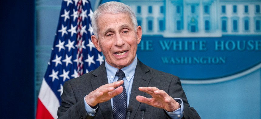 Dr. Anthony Fauci, director of the National Institute of Allergy and Infectious Diseases, speaks about the coronavirus during the White House press briefing on Tuesday.