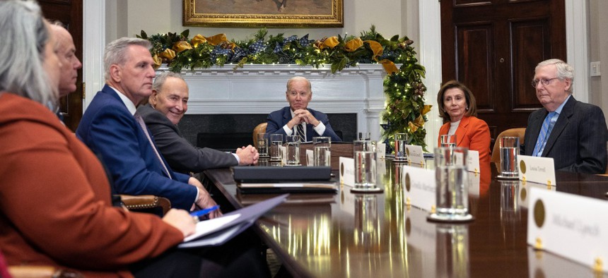 President Biden meets with congressional leaders on Tuesday to discuss legislative priorities through the end of the year. 