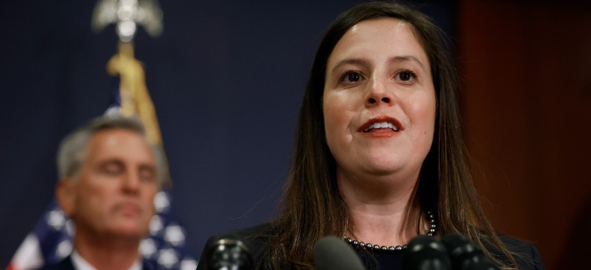 Rep. Elise Stefanik, R-N.Y., talks to reporters after being re-elected as chair of the House Republican Conference in the U.S. Capitol Visitors Center on November 15. Representatives for Stefanik alleged that Postal Service employees or contractors have stolen $20,000 in campaign contributions. 