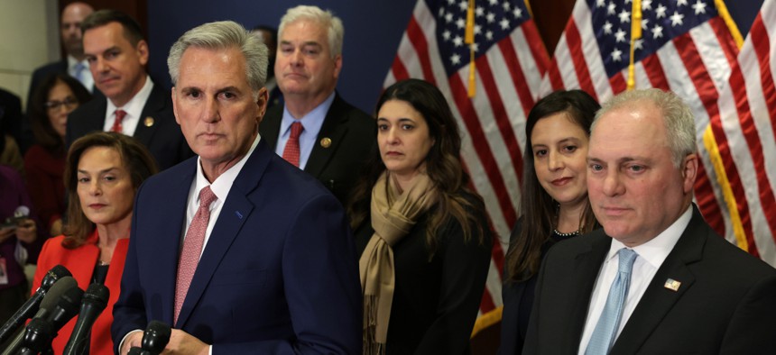 Rep. Kevin McCarthy, R-Calif., and members of his incoming leadership team listen to questions from members of the press on Nov. 15, after the House Republican Conference voted for him to be its nominee for Speaker of the House. 