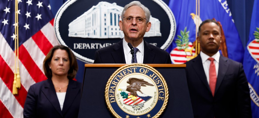 Merrick Garland, center, announcing on Nov. 18, 2022, that he will appoint a special counsel for the Department of Justice investigation into former President Donald Trump.