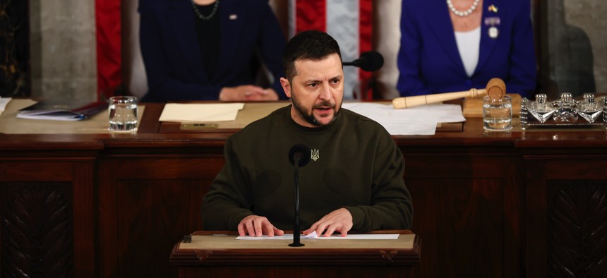 Ukrainian President Volodymyr Zelenskyy addresses a joint meeting of Congress in the House Chamber of the U.S. Capitol on December 21, 2022.