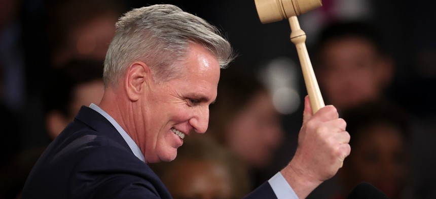 Rep. Kevin McCarthy, R-Calif., celebrates while holding the speaker's gavel after being elected as speaker on Jan. 7.