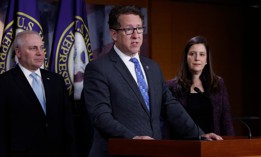 Rep. Adrian Smith, R-Neb., center, is joined by House Majority Leader Steve Scalise, R-La., and House Republican Conference Chair Rep. Elise Stefanik, R-N.Y., during a news conference on Jan. 10. Smith introduced the bill to claw back IRS funding. 