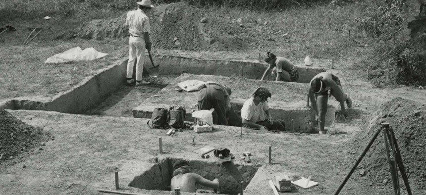 Workers excavate a mound at the Moundville Archaeological Park in Moundville, Alabama, in 1975. Last year, a coalition of tribes seeking ancestors from Moundville forced the largest repatriation in NAGPRA’s history from the University of Alabama Museums.
