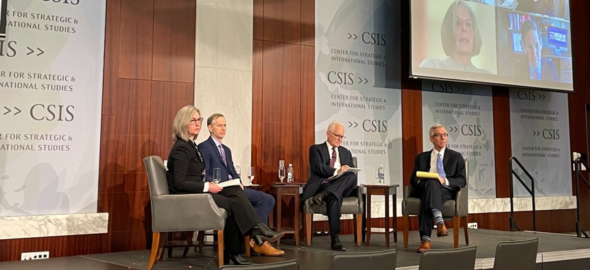 From left, Katherine Bliss, senior fellow and director of Immunizations and Health Systems Resilience at CSIS Global Health Policy Center; Tom Inglesby, director of the Johns Hopkins Center for Health Security; J. Stephen Morrison, senior vice president and director of the CSIS Global Health Policy Center; and Gary Edson, president of the COVID Collaborative, discuss a new report from a bipartisan working group launched by the Center for Strategic and International Studies, joined by remote panelists.