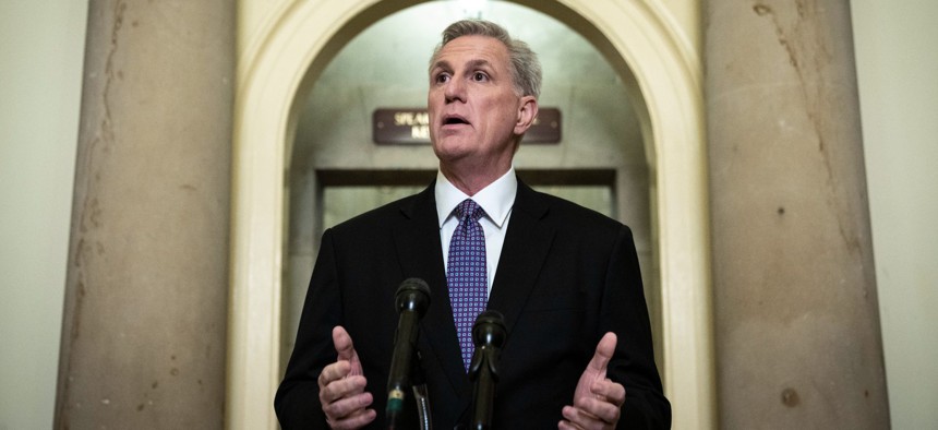 Speaker of the House Kevin McCarthy addresses the media at the Capitol on Jan. 24.