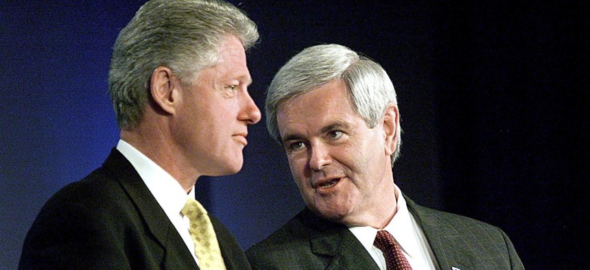 Bill Clinton, at left, oversaw the first balanced budget since 1969, with some help from a bipartisan deal with Newt Gingrich. 