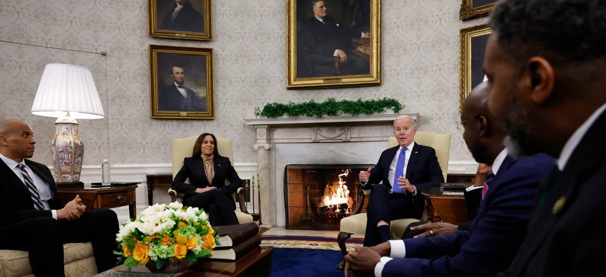 President Joe Biden and Vice President Kamala Harris host a meeting with members of the Congressional Black Caucus, including Sen. Cory Booker (D-NJ), Sen. Raphael Warnock (D-GA) and Rep. Steven Horsford (D-NV), in the Oval Office on February 2.