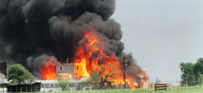 Fire engulfs the Branch Davidian compound near Waco, Texas, on April 19, 1993.