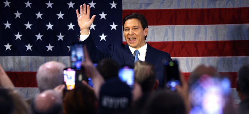 Florida Gov. Ron DeSantis speaks to police officers about protecting law and order at Prive catering hall on February 20 in the Staten Island borough of New York City.