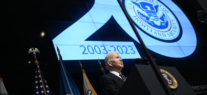 President Biden speaks at DHS's 20th Anniversary Ceremony on Wednesday. 