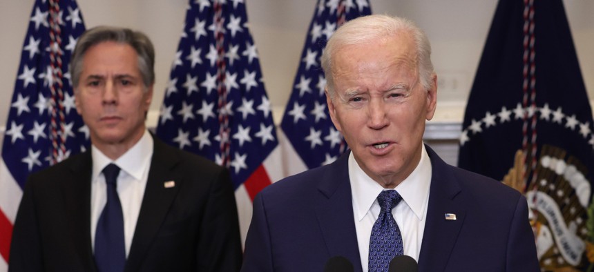 Joe Biden makes an announcement on additional military support for Ukraine as Secretary of State Antony Blinken listens at the White House in January.