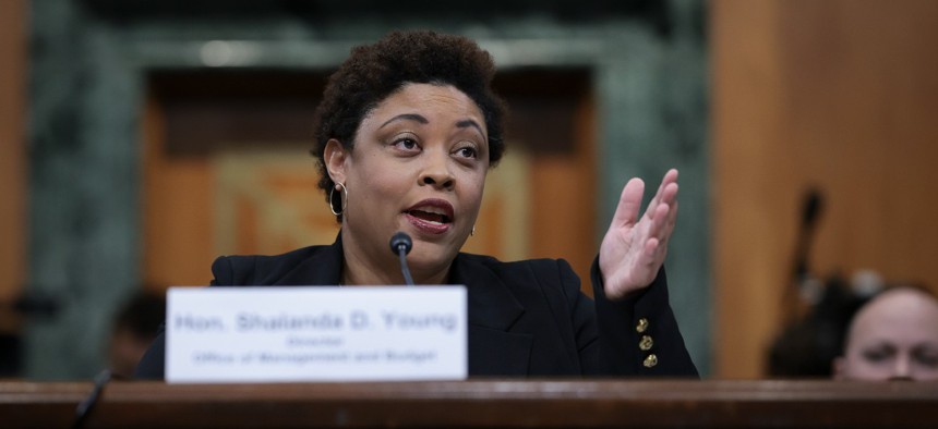 OMB Director Shalanda Young testifies before the Senate Budget Committee Wednesday. 