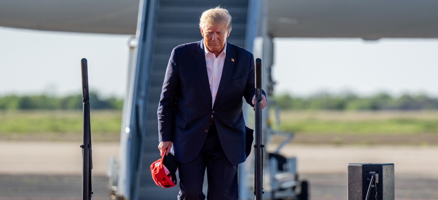 Donald Trump arrives during a rally at the Waco Regional Airport on March 25.