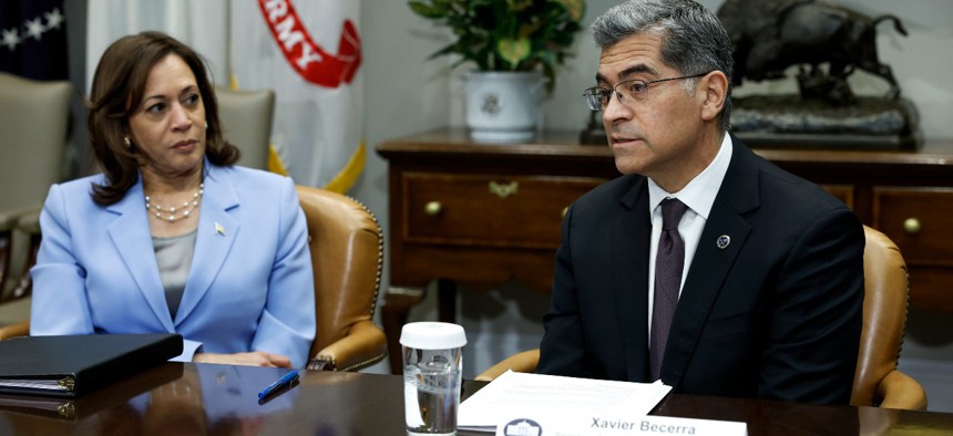 Health and Human Services Secretary Xavier Becerra speaks alongside Vice President Kamala Harris during the start of a meeting with the Biden administration’s Task Force on Reproductive Health Care Access in the Roosevelt Room of the White House on April 12.