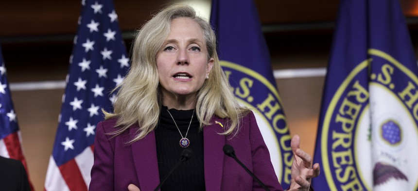 Spanberger speaks on Capitol Hill in April 2022.