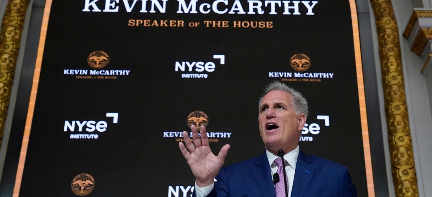 House Speaker Kevin McCarthy delivers a speech on the economy at the New York Stock Exchange on April 17. 
