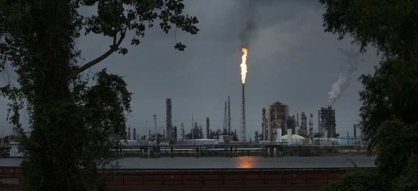 A gas flare from a petroleum refinery in Norco, Louisiana.