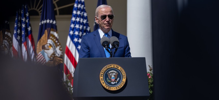 President Biden speaks in the Rose Garden on family care on April 18. 