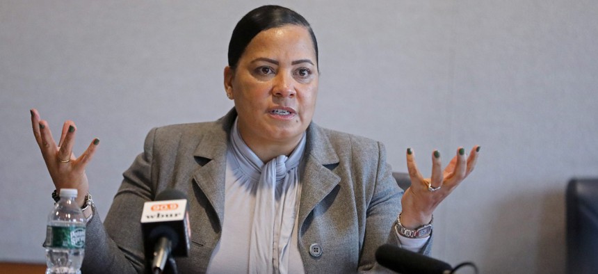 U.S. Attorney Rachael Rollins, shown here at a Dec. 19, 2022 press conference, resigned her position due to allegations of ethics and Hatch Act violations. 