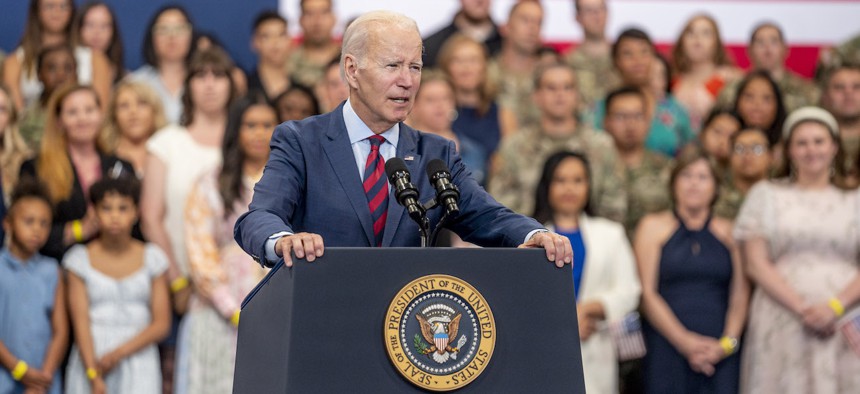 President Joe Biden speaks to service members and their families in support of Joining Forces, the initiative to support military and veteran families, caregivers, and survivors, on June 9, 2023 at Fort Liberty, N.C.