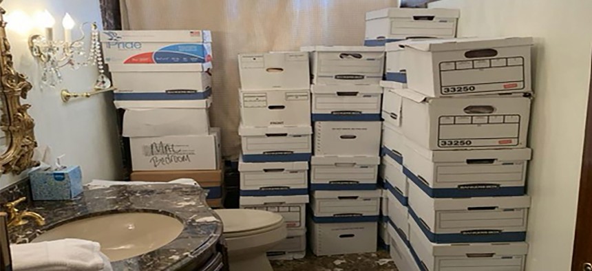 Stacks of boxes in a bathroom at Donald Trump's Mar-a-Lago estate in Palm Beach, Fla. 