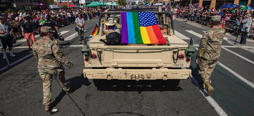 A group of military participants march in the 2022 San Diego Pride Parade on July 16, 2022, in San Diego, California.