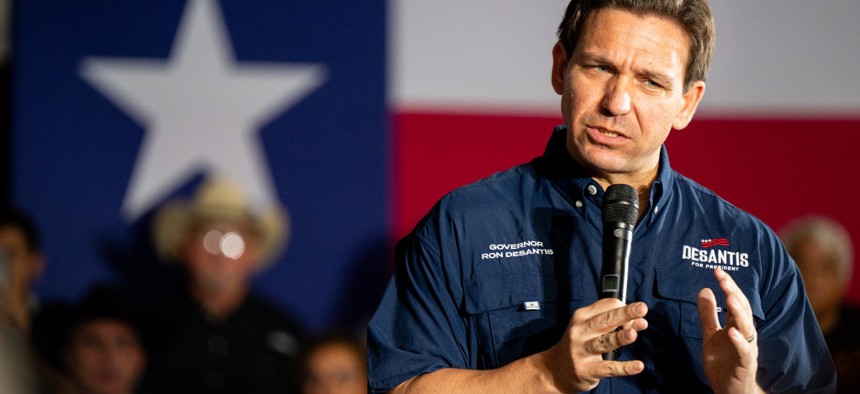 Republican presidential candidate, Florida Gov. Ron DeSantis, speaks during a campaign rally on June 26 in Eagle Pass, Texas. 
