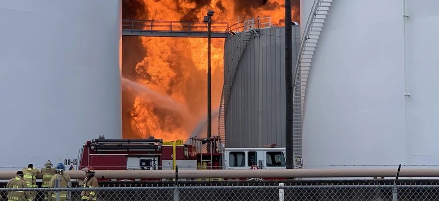 Firefighters struggle to extinguish the towering flames at ITC's tank farm in Deer Park on March 17, 2019. The final federal investigative report on the fire found multiple failures that contributed to the disaster.