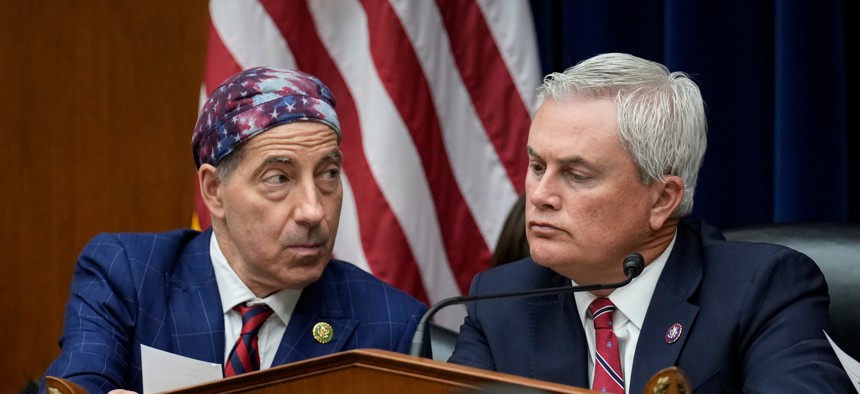House Oversight and Accountability Committee ranking member Rep. Jamie Raskin, D-Md., confers with chairman Rep. James Comer, R-Ky., during a hearing  July 19 related to the Justice Department's investigation of Hunter Biden.