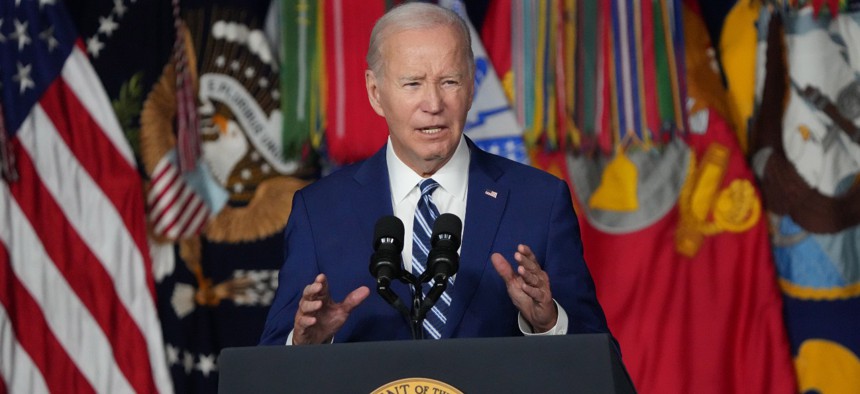 President Biden speaks at the George E. Wahlen Department of Veterans Affairs Medical Center on August 10 in Salt Lake City, Utah. Biden was celebrating the first anniversary of the PACT Act. 