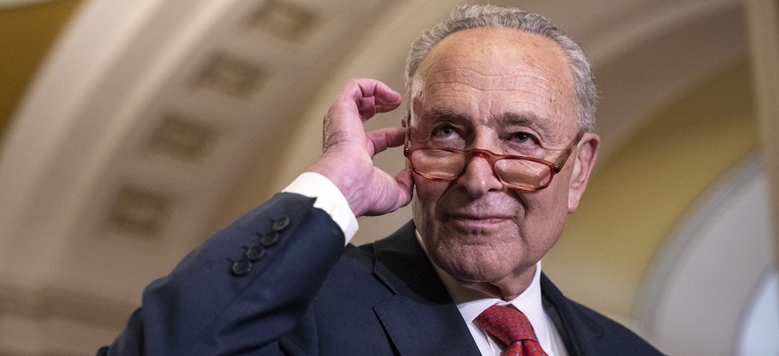 Senate Majority Leader Chuck Schumer, D-N.Y.,  during a news conference on July 26, 2023. On Tuesday, Schumer said the short-term measure would allow lawmakers to come together on full-year appropriations.  