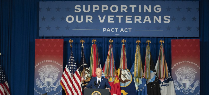 President Biden speaks at the George E. Wahlen Department of Veterans Affairs Medical Center on Aug. 10, 2023, in Salt Lake City. The president was celebrating the first anniversary of the PACT Act, which included an array of recruitment and retention incentives for the VA.