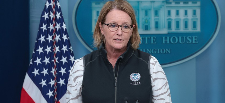 FEMA chief Deanne Criswell speaks during the daily press briefing at the White House on August 29. Criswell answered questions about preparations for Hurricane Idalia. 