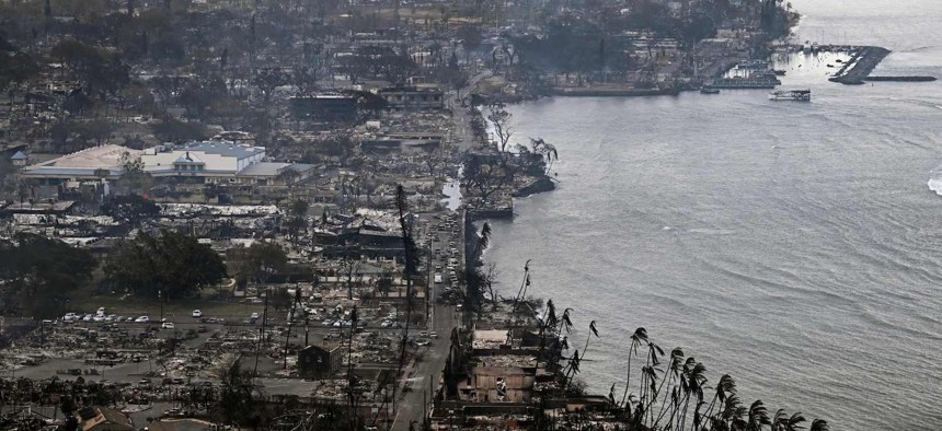 This aerial image taken on August 10, 2023, shows Lahaina, Hawaii, after the devastating wildfires. 