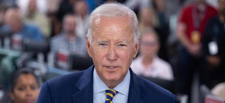 President Biden speaks the Federal Emergency Management Agency headquarters on Aug. 31, 2023. Biden’s pay plan still falls short of proposals supported by federal employee groups and some Democratic lawmakers.