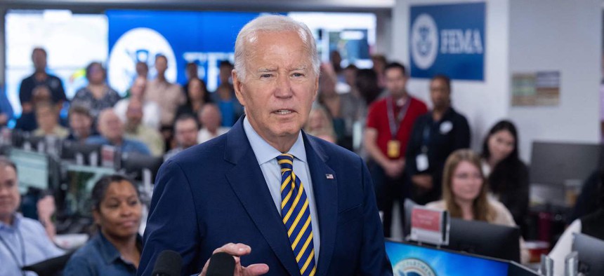 President Biden speaks at the Federal Emergency Management Agency headquarters on Aug. 31, 2023, thanking the team staffing the FEMA National Response Coordination Center throughout Hurricane Idalia and the fires in Maui, Hawaii. 