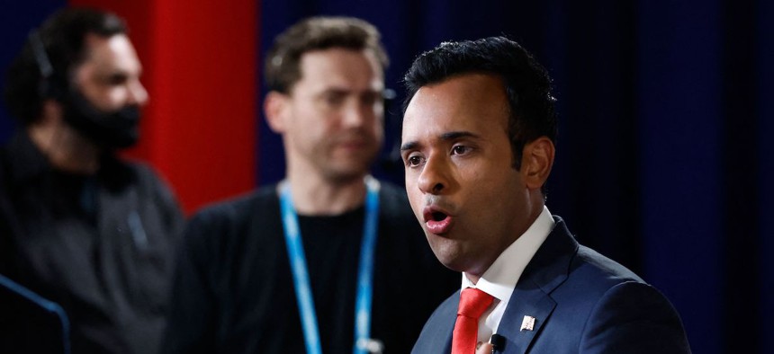 Vivek Ramaswamy speaks during an interview in the Spin Room following the first Republican Presidential primary debate at the Fiserv Forum in Milwaukee, Wisc., on Aug. 23, 2023.