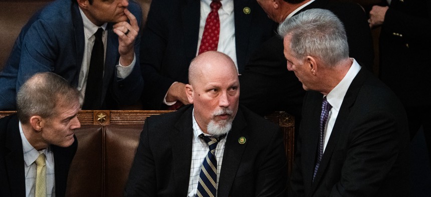 Rep. Chip Roy, R-Texas (center), helped draft a stopgap spending bill to fund the federal government through Oct. 31, but it will likely face resistance from Democrats and Republicans. 