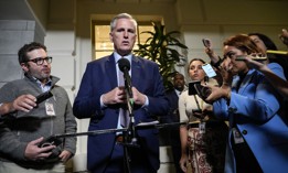 Speaker of the House Kevin McCarthy, R-Calif., addresses reporters after a House Republican caucus meeting at the U.S. Capitol on Sept. 19, 2023. McCarthy reportedly postponed a vote to begin consideration of a stopgap spending bill to avoid a government shutdown because it failed to mollify conservatives in his caucus. 
