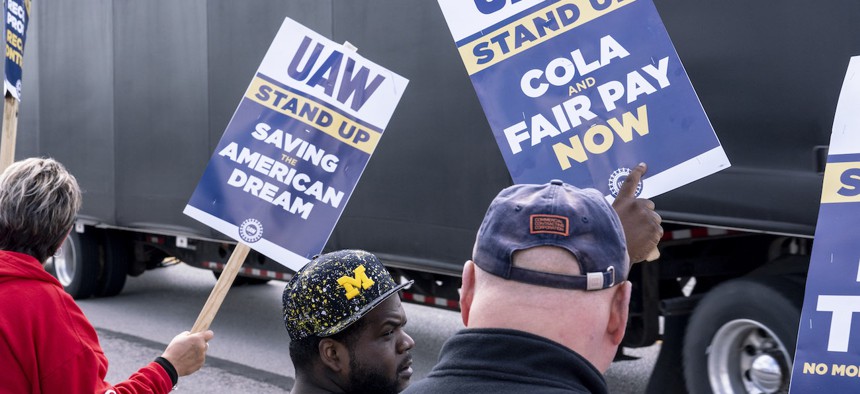 United Auto Workers members picket outside the Jeep Plant on Sept. 18, 2023 in Toledo, Ohio. The UAW walked out of three locations last Thursday night at midnight, marking the first time they've been simultaneously on strike at Ford, General Motors, and Stellantis, the big three automakers.